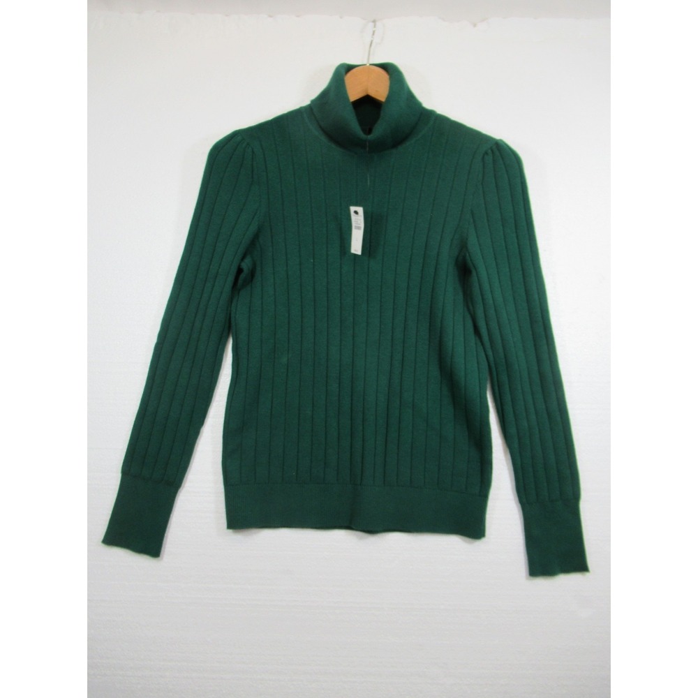 NEW Talbots Ribbed Turtleneck Sweater Women Large Green Puff Sleeve Stretch